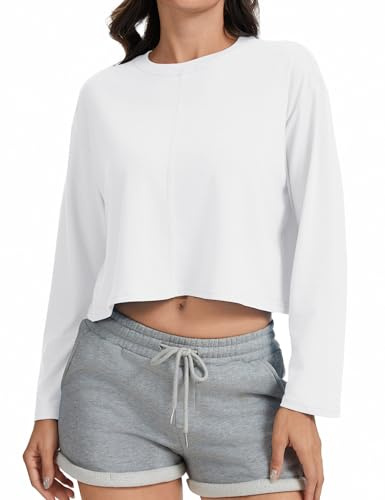 Eyanse Crop Long Sleeve Tops for Women Cute Cropped Shirt Womens Oversized Shirts Loose White Tees Solid Tshirts Woman Ladies Flowy Baggy Lounge Tops,M