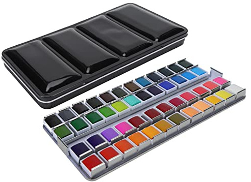 Acouto Ensemble de Pigments D'aquarelle, Portable Rechargeable, Couleurs Vives, Ensemble de Poche de Voyage, Fournitures de Peinture avec Boîte pour (48 couleurs couleur régulière (boîte en fer noir))
