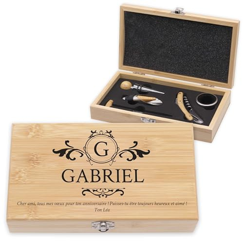 LAUBLUST Ensemble d’ouvre-Bouteille personnalisé – Coffret Cadeau 5 pièces d’Accessoires pour Le vin | Coffret Sommelier en Bois – Monogramme | Cadeau pour Hommes avec Tire-Bouchon & thermomètre