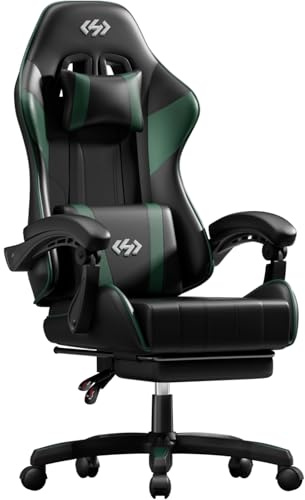 HLFURNIEU Sedia Gaming Ergonomica, Sedia Gamer con Poggiatesta e Poggiapiedi Telescopico, Poltrona Gaming con Supporto Lombare, Schienale Regolabile 90°-135°, Nero e Verde