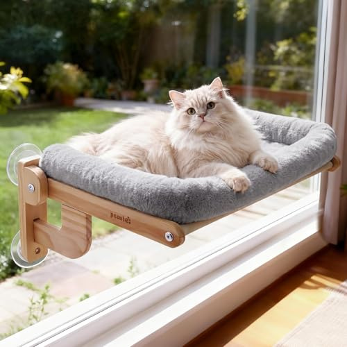 Pecute 66x39cm Weiche Katzen Fenster Hängematte, Fensterliege für Hält 18kg | Faltbares katzen Fenster Sitzstange, Wolke Weiches Plüschkissen, Groß Katzenbett Fenster mit Massivholzrahmen, Grau