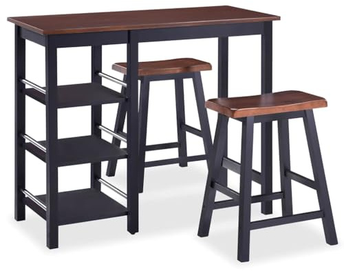 YUOGHRTFE Bar Set 3-teilig mit Bartisch und Zwei Hockern aus MDF und Gummibaum in Schwarz, großer Tisch mit DREI Ablagen, ergonomische Sitzfläche, ideale Ergänzung für Esszimmer