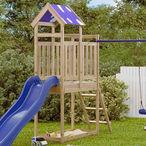 GeenYuu Torre da gioco in legno massiccio impregnato marrone con scivolo, arrampicata, nascondiglio e set di accessori per bambini, resistente alle intemperie e robusta, per giardino, terrazza e