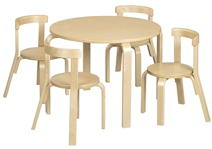 ECR4Kids Bentwood Table and Curved Back Chair Set, Kids Furniture, Natural, 5-Piece
