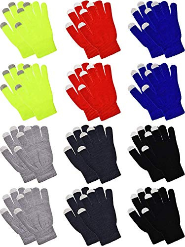 Pangda 12 Pairs Winter Touch Screen Gloves for Men Women Stretch Knitted Texting Gloves Warm Windproof Solid Color Mittens (Black, Gray, Navy Blue, Red, Yellow, Blue)