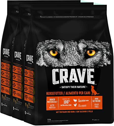 Crave Adult Trockenfutter mit Truthahn & Huhn, 3 Beutel, 3x2,8kg – Premium Hundefutter trocken mit hohem Proteingehalt und ohne Getreide – Hergestellt mit 100 Prozent natürlichem Huhn