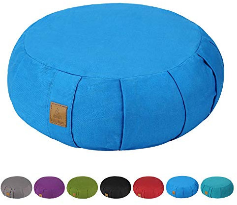 FelizMax Cojín redondo de meditación de trigo sarraceno, D = 38 cm de alto = 14 cm, almohada de meditación Zafu/Zabuton, cojín de yoga, funda de algodón orgánico con cremallera, lavable a máquina,