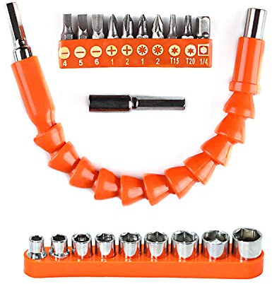 YIOYULEN Flexible Drill Bit Extension, 11.6inch Bendable Drill Bit Extension, Universal 1/4 Flexible Extension for Drill Adaptor Hex Set Orange (21 PCS)
