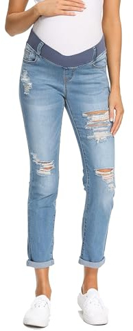 Foucome Women's Maternity Jeans Under Belly Ripped Boyfriend Jeans Stretchy Distressed Pregnancy Denim Pants (Blue, M)