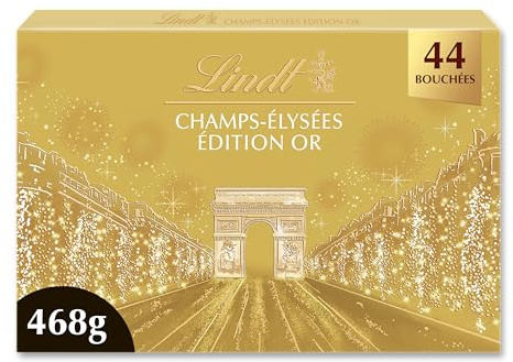 Lindt - Boîte CHAMPS-ÉLYSÉES Édition Or - Assortiment de Chocolats au Lait, Noirs et Blancs - Pralinés, Croustillants et Onctueux - Idéal pour Noël, 468g