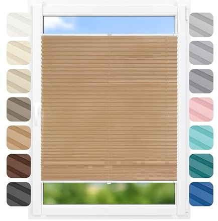Birrke® Klemmfix Plissee ohne Bohren 60x100 cm, lichtdurchlässig, Blickdicht - Up & Down Faltrollos für Fenster ohne Bohren - Jalousie innen, Sichtschutz, Sonnenschutz - Memory of Summer, Dunkelbeige