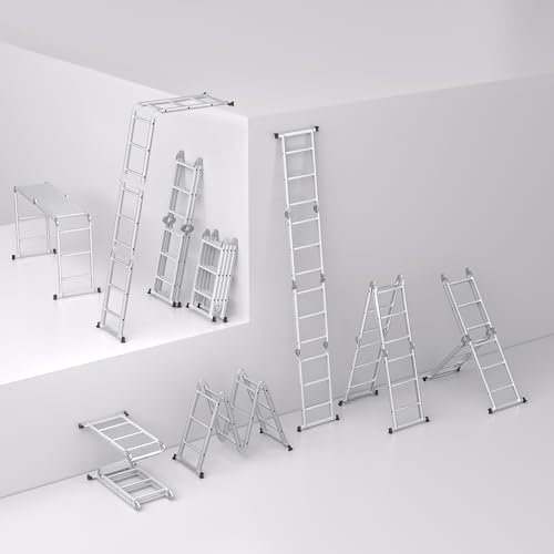 NAIZY Échelle Multifonction 6 en 1 en Aluminium - 470 cm - Télescopique échelle Pliante - avec 2 roulettes et Plateforme - 4 x 4 - Argenté - Charge Maximale : 150 kg