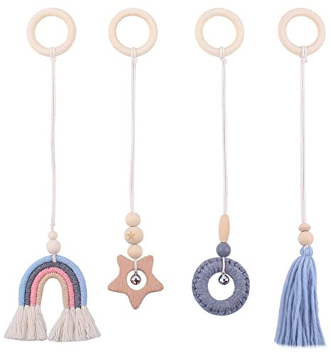 EXQULEG 4 Stück Anhänger Spielzeuge Set für Baby, Regenbogen Sterne und Glocken Holz Baby Anhänger Rasseln Baby Aktivität Gym Hängen Kinderwagen Spielzeug (Blau)