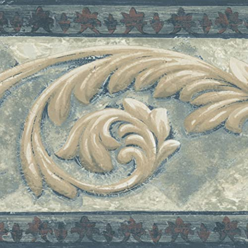 CONCORD WALLCOVERINGS ™ Wallpaper Border Damask Pattern Floral Ornaments for Cottage Bedroom Living Room, Gray Blue, 15 ft by 7 in AR77956