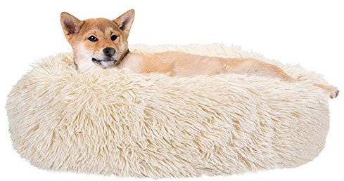 PURRL Rundes Haustierbett für Katzen, Welpen und mittelgroße Hunde, weiches Plüschkissen, Zwinger, warmes Hundebett, Donut-Kuschelsofa, Winterschlafsack, Katzenbett, Beige, XL: 80 x 80 x 20 cm Little