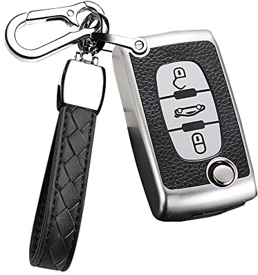 HIBEYO Klappschlüssel Autoschlüssel Hülle passt für Peugeot Schlüsselhülle für Citroen C1 C2 C3 C4 Berlingo für Peugeot 307 207 407 308 Fernbedienung Schlüsselbox TPU Leder Texture 3Tasten-Silber