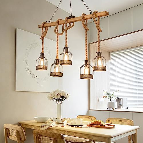 YUPIN Vintage Pendelleuchte Retro Esstischlampe E27 Hängeleuchte höhenverstellbar Pendellampe Esszimmerleuchte Eisenkäfig Hängelampe Büro Kronleuchter Küchen Wohnzimmer Deckenleuchten 5-Flammig 100CM