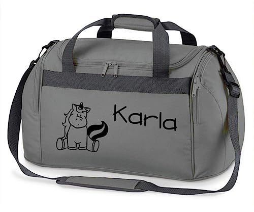 minimutz Sporttasche mit Namen für Mädchen | Motiv Einhorn für Kinder | Personalisieren & Bedrucken | Reisetasche Umhängetasche Duffle Bag (grau)