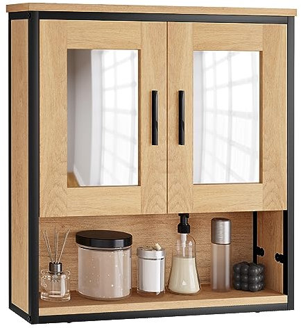 EUGAD Spiegelschrank, Badezimmerschrank hängend, Badschrank mit 2 Spiegeln, Badspiegelschrank mit 3 Ablagen 2 Türen, Hängeschrank für Badezimmer, aus Holzwerkstoff, helle Eiche schwarz