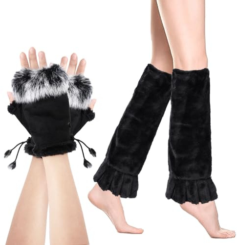 Jupsk Damen Stulpen Handschuhe Beinwärmer Flauschig Legwarmers Winter Beinstulpen Y2K, Schwarz