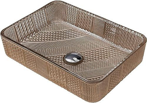 SXLSZ Waschbecken aus Gehärtetem Glas Aufsatzbecken Waschtisch Rechteck Handwaschbecken Waschplatz Künstlerische Aufsatzwaschbecken Waschschale mit Abfluss, Montagering(18.2x13.2x4.7 Zoll),Gelb