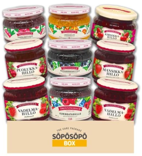Dronningholm Jam 330g-440g (Pack de 6-10) - Choisissez 6-10 pots parmi le mélange de confitures finlandaises Many Flavors dans une boîte Söpösöpö SOPOSOPO