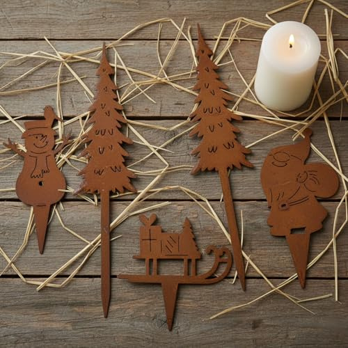 LB H&F Lilienburg 5er Set Gartenstecker Schneemann Schlitten Roststecker Tannenbaum Santa rost Winterdeko Weihnachtsdeko edelrost deko Weihnachten Dekoration Metall klein