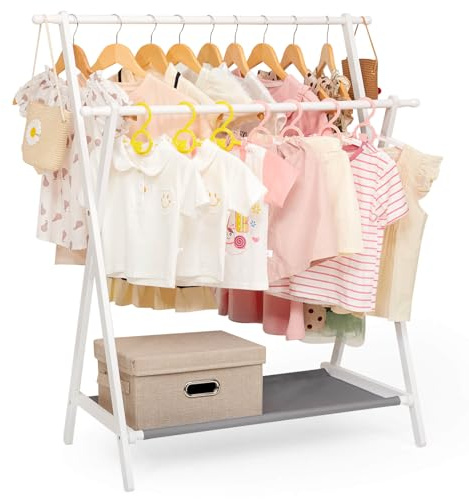 Yorbay Stand Appendiabiti per Bambini con 4 ganci, Attaccapanni per Bambini con Ripiano Inferiore per lo Stoccaggio, Attaccapanni per Bambini, Piccolo e Pieghevole, in Bambù (Bianco)