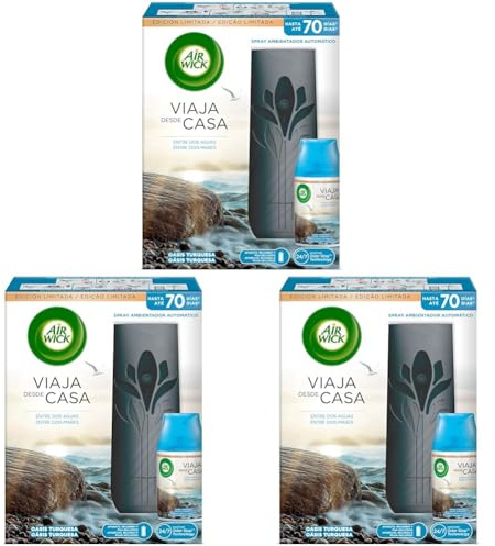 Air Wick Freshmatic 1 Aparato y 1 Recambio de Ambientador Spray Automático, Esencia con Aroma a Oasis Turquesa, Colección Viaja des de Casa - Negro (Paquete de 3)