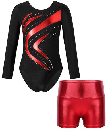 Xnihocha Gymnastikanzug Mädchen Kinder Glänzende Langarm Ballett Gymnastikbody mit Sport Shorts Tanzoutfit Trikotanzug Trainingsanzüge Rot A 158-164