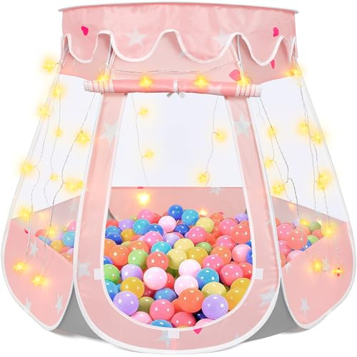 Crayline Pop Up Princess Tent with Star Light, Toys for 1 2 3 Year Old Girl Birthday Gift, Ball Pit for 12-18 Months Baby Girl Toys, Toddler Gifts, Easy to Pop Up and Assemble (Pink Gray)