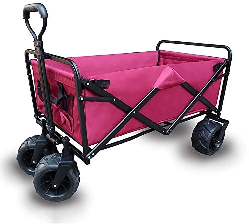 CRBUDY Handwagen, zusammenklappbarer Gartenwagen, robuster Wagen, multifunktionaler Einkaufswagen für Camping im Freien, mit 4 Strandrädern, Tragkraft: 80 kg/Pink (Pink)