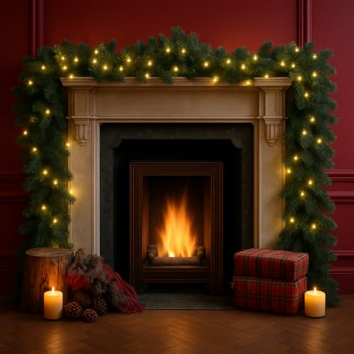 33FT/10M Christmas Garland with 200 LED Lights,Extra Long Green Xmas Garland for Fireplaces Stairs Fence Front Door Gate Porch Arch Mantle,Pre Lit Light Up Artificial Wreath Outdoor Home Decoration