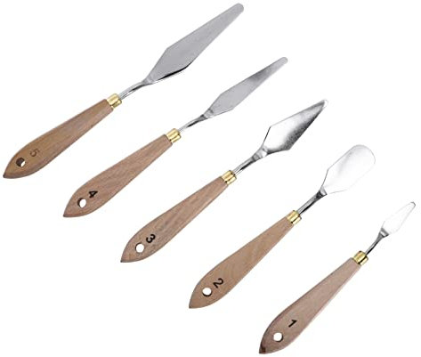 HOODANCOS Juego De 5 Espátulas para Pintura Al Óleo con Mango De Madera, Diseño Ergonómico y Bordes Suaves para Mezcla y Raspado De Pigmentos, Herramienta Profesional para Artistas y Estudiantes