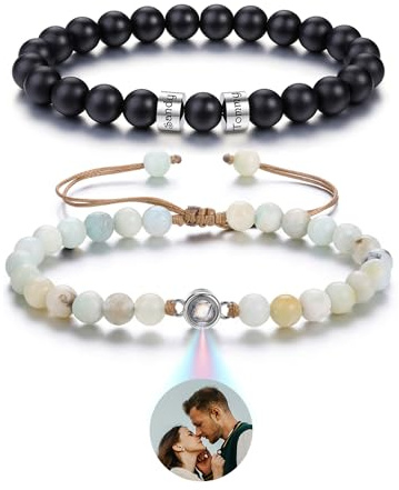PiercingJak 2er Partnerarmbänder mit Gravur Bild Projektion Armband mit Foto im Stein Damen Herren Namen Perlen Armbänder Edelstein Liebe Schmuck Personalisierte Geschenke für Partner Pärchen Paar