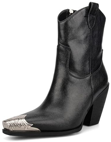 HoanTiai Cowboy Ankle Boots for Women Engraved Steel Toe Cowgirl Boots Stacked Block Heels Short Cowboy Boot Fashion Dressy Western Country Booties