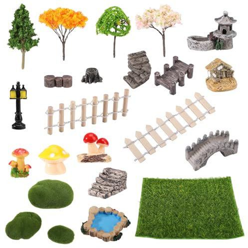 BOXOB 23 Pezzi Decorazioni Miniatura da Giardino, Accessori per Recinti per Ragni Saltatori Resina Mini Ponte Recinzione Stagno Lampione Fungo Statuette da Prato per Habitat di Ragni Saltatori