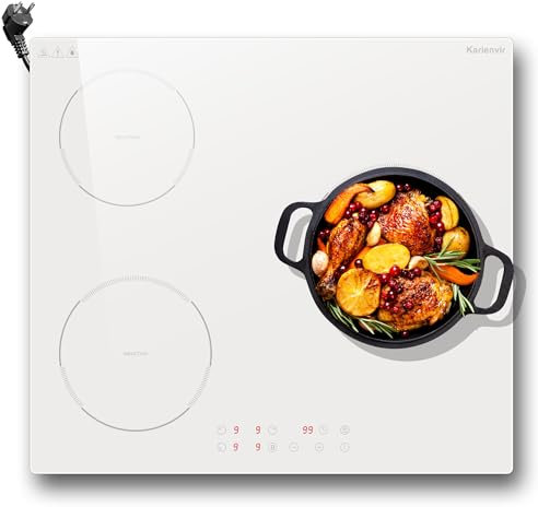 Karienvir Placa induccion 3 fuegos Blanco 60cm 3500W, Placa induccióncon enchufe, control táctil, Boost，Temporizador, Cierres de seguridad