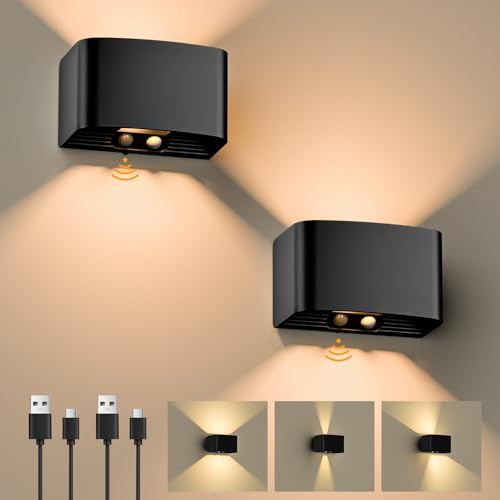 GuKKK Wandlampe Innen mit Bewegungsmelder, 2 Stück Akku Wandleuchte, 3000K Warmweiß LED Wandbeleuchtung, Innen Kabellose Wandlampe, Einstellbar Abstrahlwinkel Wandbeleuchtung (Schwarz)