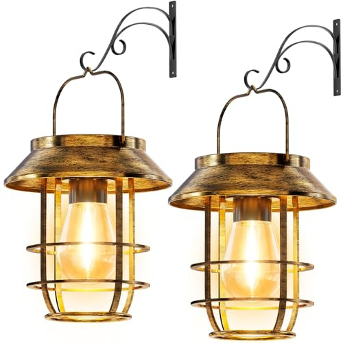 Ahaorigin Solar Lanterns Outdoor Waterproof, High Brightness Hanging Solar Lights for Outside with Wall Hooks, Retro Metal Outdoor Lanterns Auto On/Off for Porch, Patio, Yard Decor 2 Pack