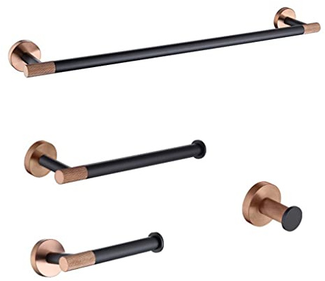 Juego de accesorios de baño, toallero, soporte para papel higiénico, gancho para toalla, jabonera y escobilla de inodoro, herrajes negros y oro rosa para una elegante actualización de baño