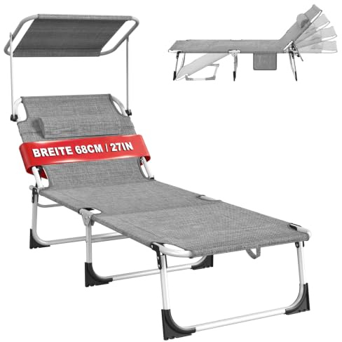 Froadp Tumbona plegable con techo, para jardín, 194 x 68 x 30 cm, con respaldo ajustable, almohada, bolsillo lateral, para jardín, balcón, playa, terraza, color gris
