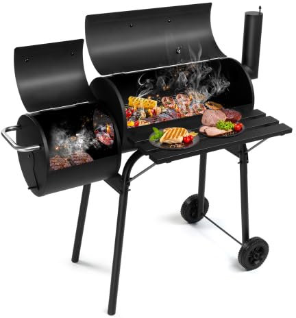 HOBBYZOO Barrel Charcoal Grill with Offset Smoker, Barrel BBQ, All Metal Outdoor Smoker with Side Table and Wheels for Outdoor Garden Patio and Backyard Cooking