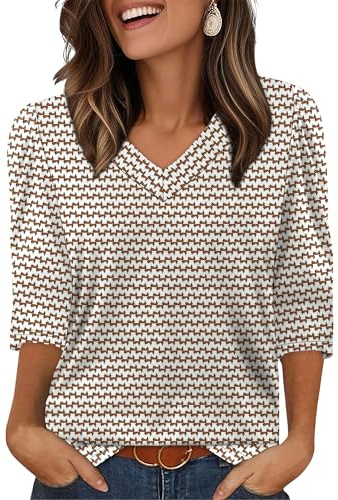 Aokosor Ladies Tops 3/4 Sleeve Blouses for Women UK V Neck T Shirts for Women UK Brown Stripe Size 14-16