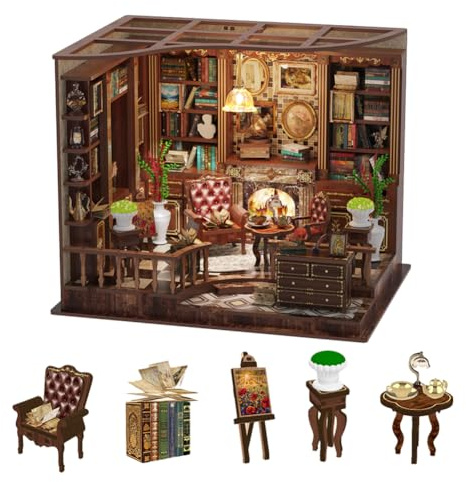 DIY Puppenhaus Miniatur-Kit, 1:24 Maßstab Mini Study Room Puzzle Modell Puppenhaus Möbel Zubehör und LED-Lichter Kind Teenager und Erwachsene Bauen Geschenk