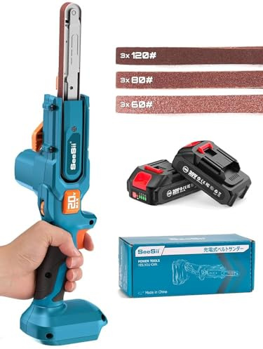 Seesii Bandschleifer 1/2 x 18, 6 Geschwindigkeiten bis 1700 FT/Min, mit 2 * 2,0Ah Akkus, Ladegerät, Hand-Bandschleifer für Metallbearbeitung, Holz, Kunststoff, Autoschleifen