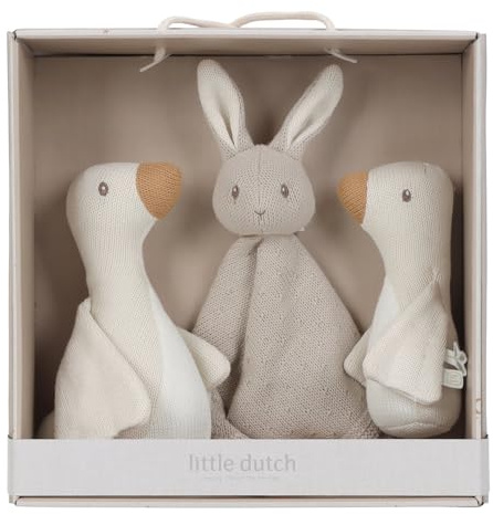 Little Dutch Geschenkset Baby 3-teilig (Schmusetuch, Greifling, Stofftier aus Strick) ideal zur Geburt beige - Newborn Naturals beige