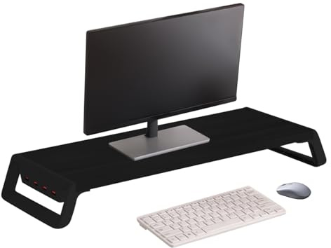 Supporto per monitor - Organizer da scrivania in legno con 4 porte di ricarica USB, connettività migliorata, elevatore schermo del computer | Scaffale da scrivania, soluzione di archiviazione per