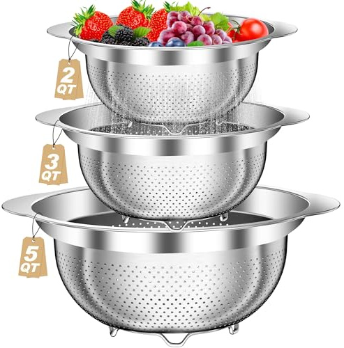 Colander, Stainless Steel Colander for Kitchen, 3Pcs Kitchen Gadget Food Strainer Basket with Handle, Kitchen Strainer Colanders Bowl for Pasta Noodles Spaghetti Vegetables Fruit (2QT, 3QT, 5QT)