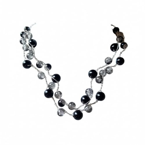 Collana artigianale fatta a mano, lavorata all'uncinetto con filato prezioso argento Lurex e pietre naturali Sfera di Luce nero brillante, chiusura con bottone Sfera - Idea regalo donna. Pezzo unico.